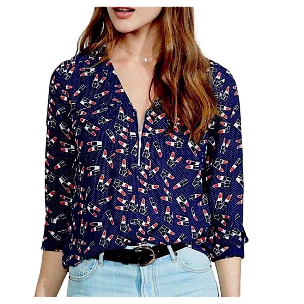Express Lipstick Print Blouse Womens Small Navy Blue Makeup Polka Dot Zipper